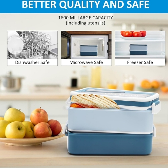 Stackable Lunch Box 1600ml 2 Layer Reusable Bento Box with Spoon & Fork - Picture 5 of 7